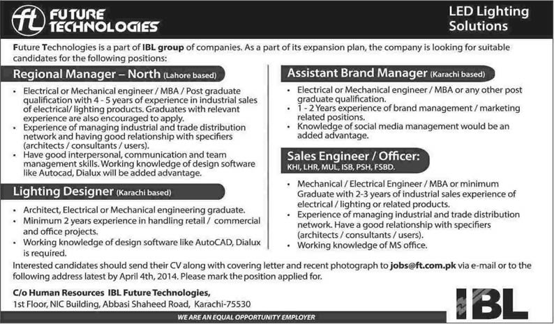 IBL Future Technologies Jobs 2014 March for Regional / Brand Manager, Lighting Designer & Sales Engineer