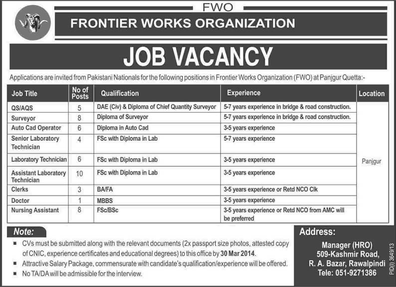 Frontier Works Organization Jobs 2014 March for Quantity Surveyor, Lab Technicians, Clerks, Doctor, Nursing Assistant & Others