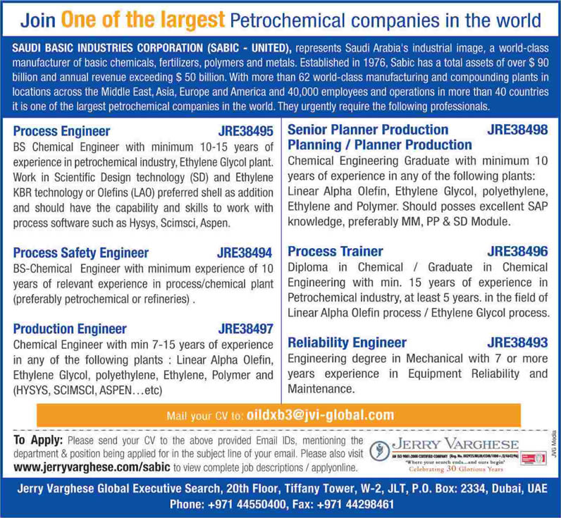 SABIC - United Jobs in Middle East 2014 April for Chemical & Mechanical Engineers