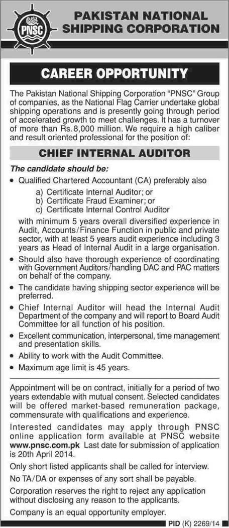 Pakistan National Shipping Corporation PNSC Karachi Jobs 2014 April for Chief Internal Auditor