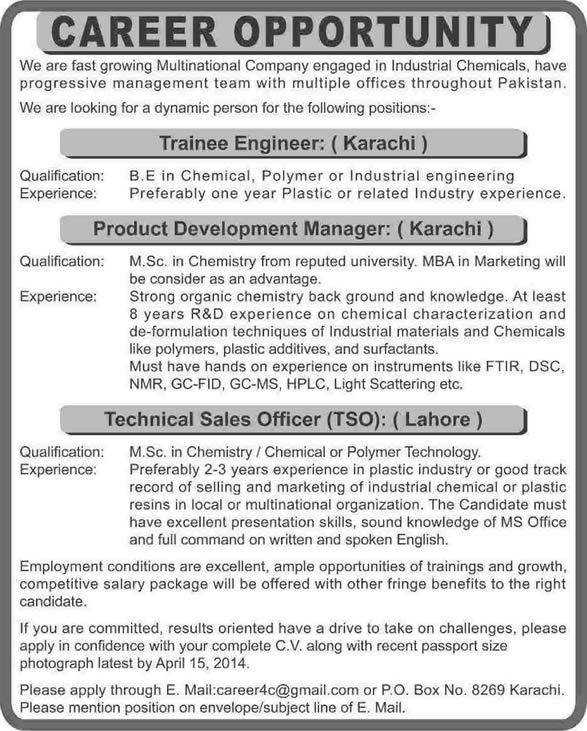 Chemical Industry Jobs in Karachi / Lahore 2014 April for Trainee Engineer & Chemist
