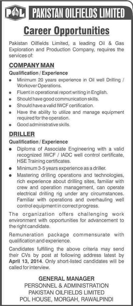 Pakistan Oilfields Limited Jobs 2014 April for Company Man & Driller