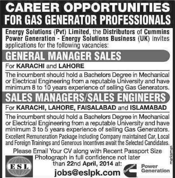 Energy Solutions Pvt. Ltd 2014 April for Sales Managers / Engineers & General Manager Sales