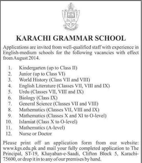 Karachi Grammar School Jobs 2014 April for Teaching Faculty, Nurse / Doctor