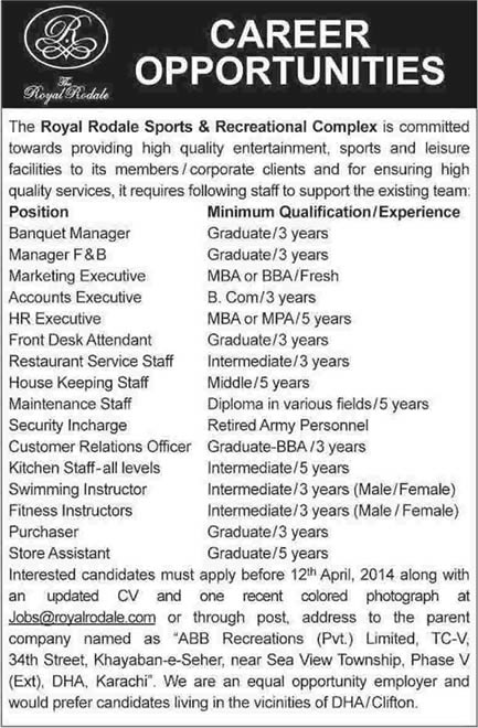 Royal Rodale Sports & Recreational Complex Karachi Jobs 2014 April Latest
