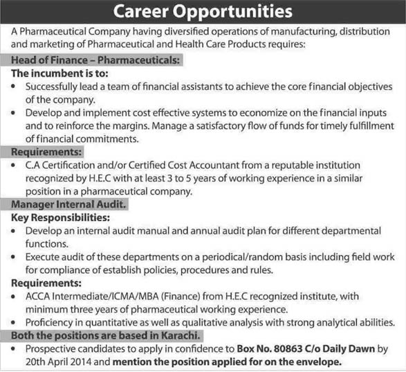 Chartered Accountant & Internal Auditor Jobs in Karachi 2014 April in a Pharmaceutical Company