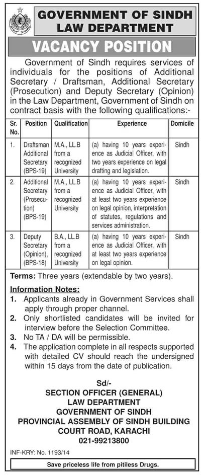 Law Department Government of Sindh Jobs 2014 April