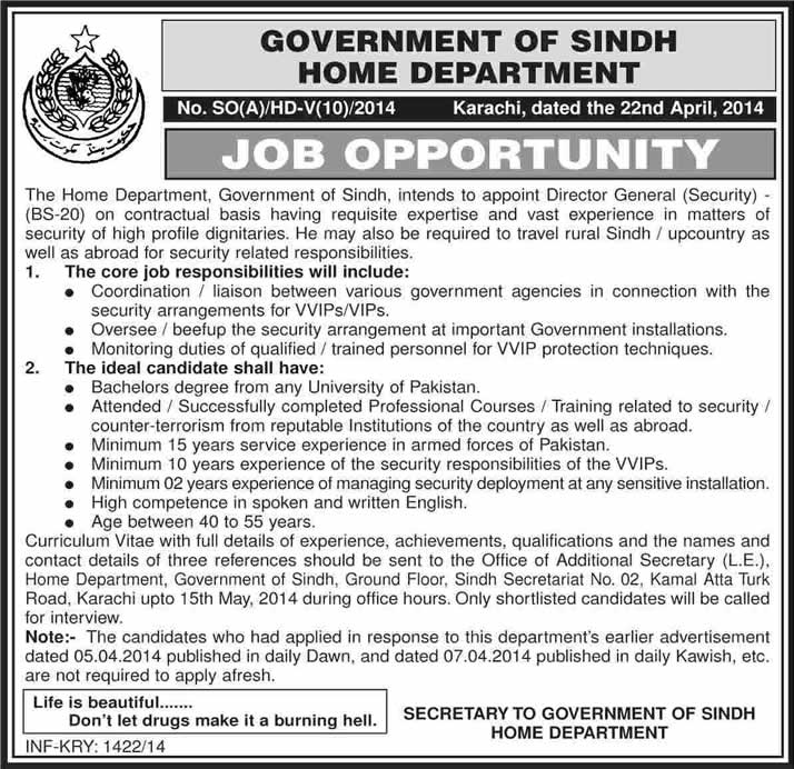 Home Department Sindh Jobs 2014 April - May for Director General Security
