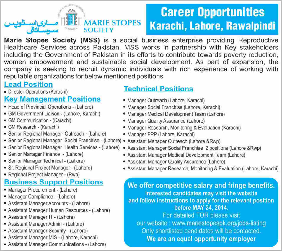 Marie Stopes Society Pakistan Jobs 2014 May Latest Advertisement