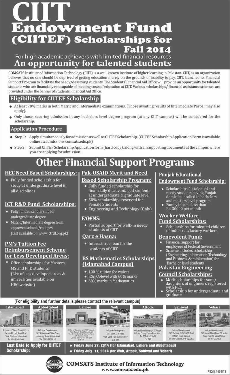 CIIT Endowment Fund Scholarships for Fall 2014 CIITEF Latest