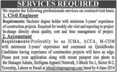 Civil Engineering & Accountant Jobs in Lahore 2014 May / June at Six Sigma Apparel Network