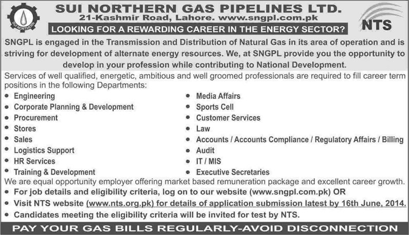 SNGPL Jobs 2014 June Latest Sui Northern Gas Pipelines Ltd