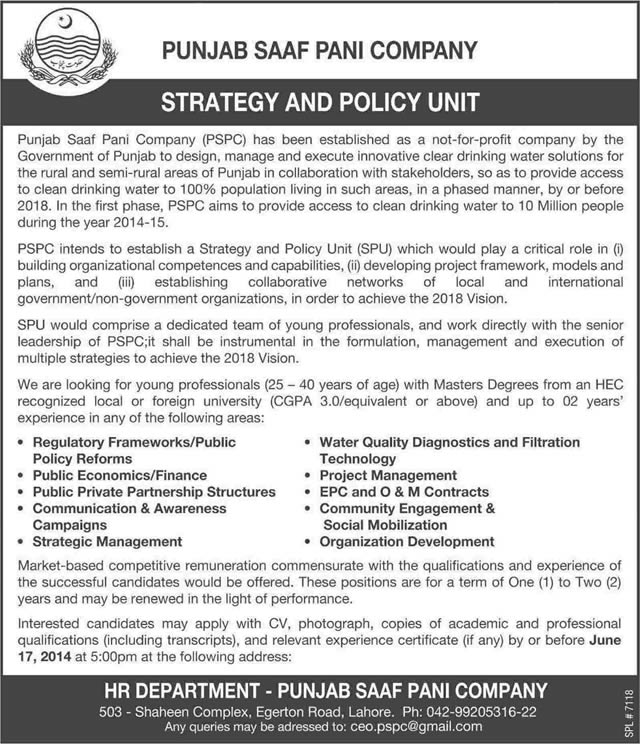 Punjab Saaf Pani Company Jobs 2014 June in Strategy & Policy Unit Latest Advertisement