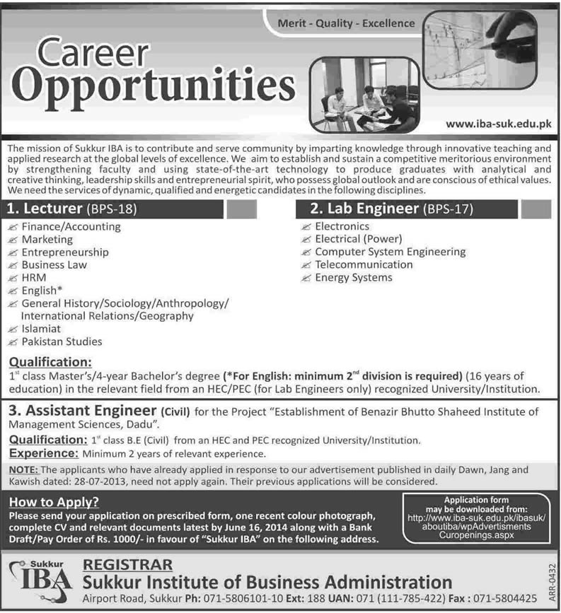 IBA Sukkur Jobs 2014 June for Lecturers & Lab / Assistant Engineers