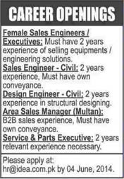 Design / Sales Engineers, Sales Manager and Service & Parts Executive Jobs in Karachi 2014 June at IDEA