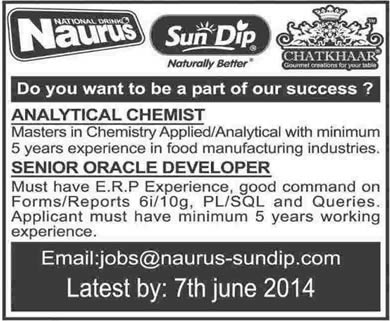 Analytical Chemist & Senior Oracle Developer Jobs in Karachi 2014 June at Naurus (Pvt.) Limited - NPL