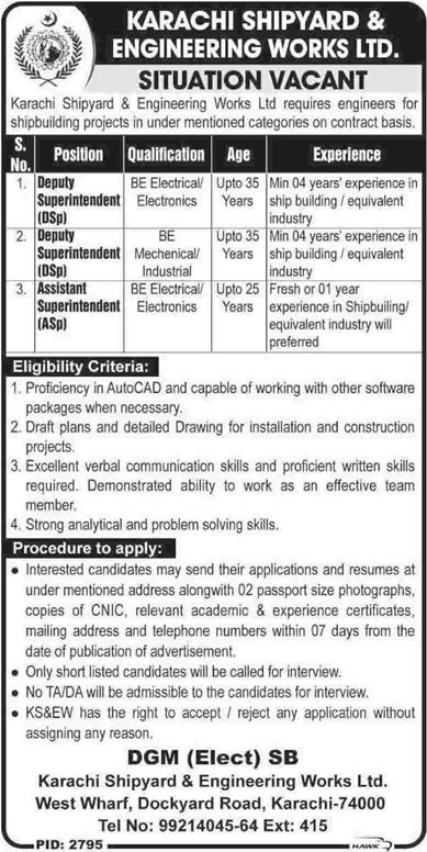 Jobs in Karachi Shipyard & Engineering Works Limited 2014 June KSEW