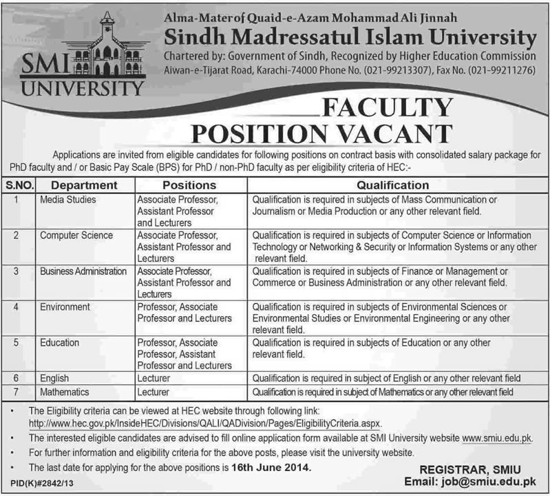 Sindh Madressatul Islam University Jobs 2014 June for Teaching Faculty
