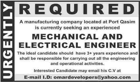 Mechanical / Electrical Engineering Jobs in Karachi 2014 June for Manufacturing Company