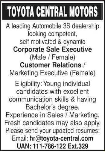 Toyota Central Motors Karachi Jobs 2014 June for Corporate Sale Executive & Marketing Executive