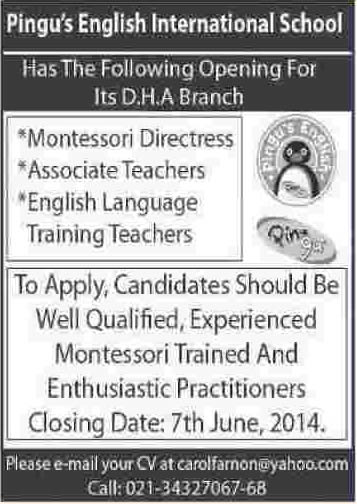 Montessori Directress & Teachers Jobs in Karachi 2014 June at Pingu’s English International School