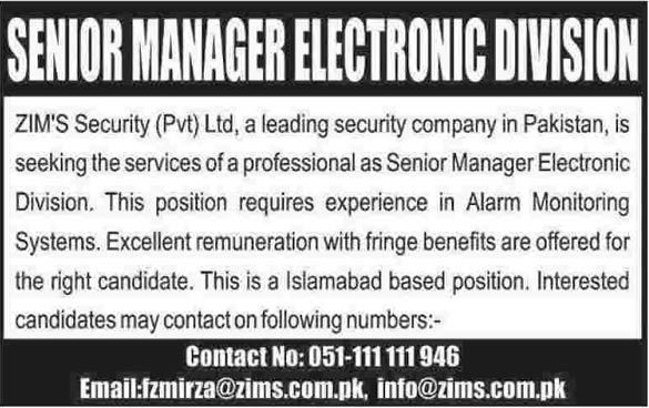 ZIM’S Security (Pvt) Ltd Islamabad Jobs 2014 June for Senior Manager Electronics Division