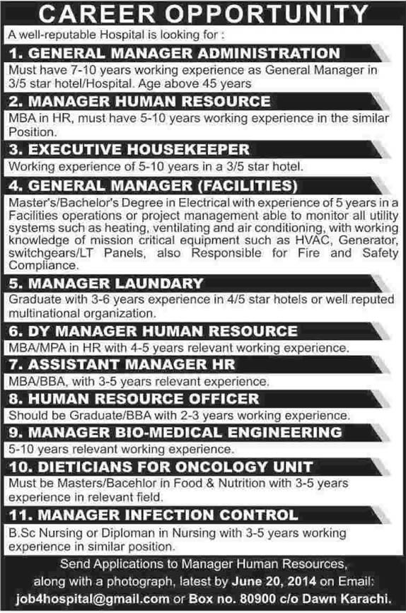Medical, Engineering & Management Jobs in Karachi 2014 June for Hospital