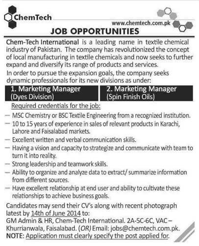Marketing Manager Jobs in Faisalabad 2014 June at Chem Tech International
