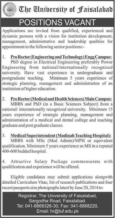 The University of Faisalabad Jobs 2014 June for Pro Rectors & Medical Superintendent