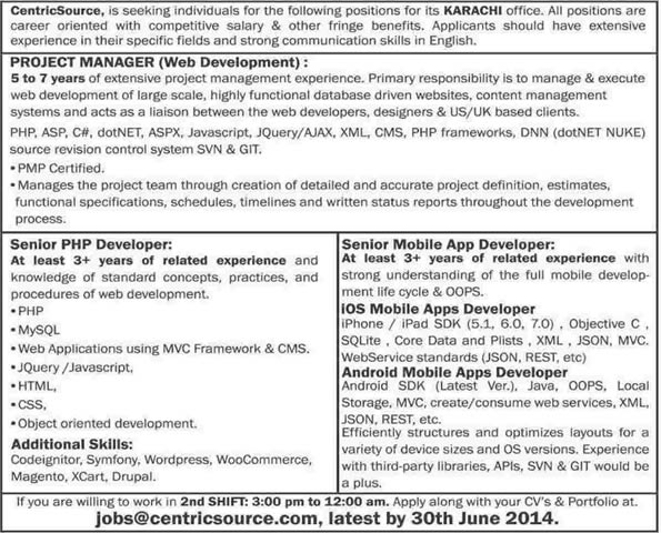 Centric Source Jobs 2014 June for Project Manager, PHP Developer & Mobile App Developers