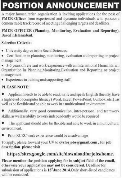 Monitoring and Evaluation Jobs in Islamabad 2014 June in Humanitarian Organization as PMER Officer