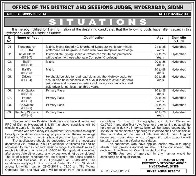 Latest Jobs in District and Session Court Hyderabad 2014 June