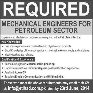 Mechanical Engineering Jobs in Pakistan 2014 June for Oil & Gas / Petroleum Sector