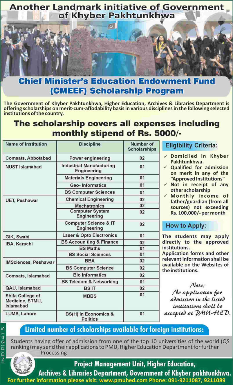Chief Minister's Education Endowment Fund Scholarship Program 2014 June CMEEF KPK Government