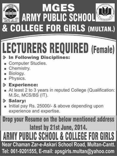 Army Public School and College Multan Jobs 2014 June for Female Lecturers