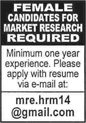 Market Research Jobs in Pakistan 2014 June Latest for Females