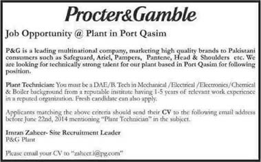Procter and Gamble - P&G Pakistan Jobs 2014 June for Plant Technicians