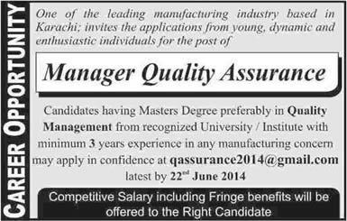 Quality Assurance Manager Jobs in Karachi 2014 June at Manufacturing Company