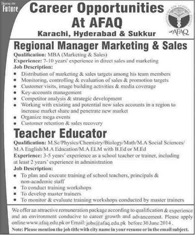 AFAQ Jobs 2014 June for Regional Manager Marketing & Sales and Teacher Educator
