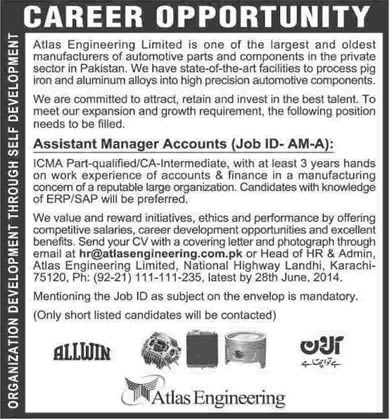 Atlas Engineering Limited Jobs 2014 June for Assistant Manager Accounts