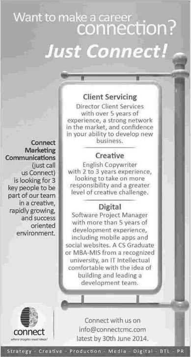 Director Client Services, Creative Writer & Digital Manager Jobs in Karachi 2014 June at Connect CMC