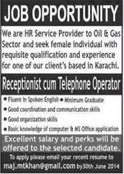 Receptionist / Telephone Operator Jobs in Karachi 2014 June in Oil and Gas Sector