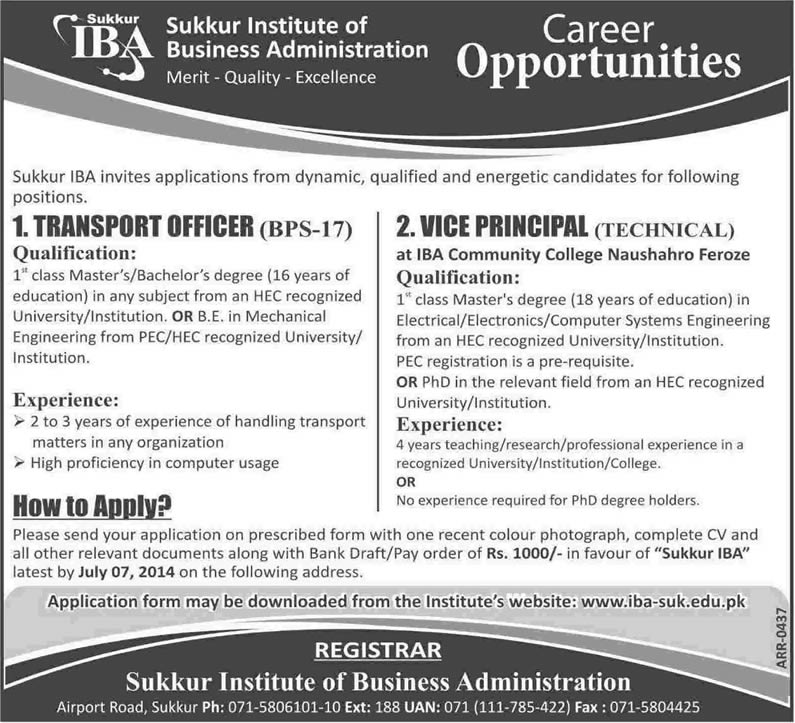 Sukkar IBA Jobs 2014 June for Transport Officer & Vice Principal