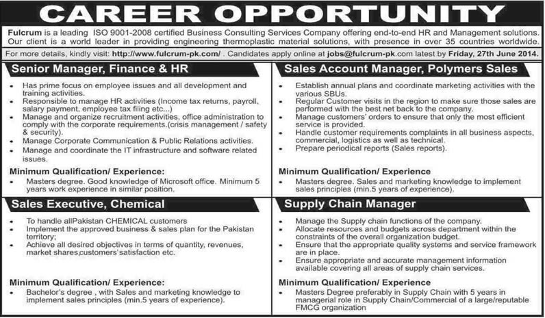 Finance / HR / Sales / Supply Chain Managers & Sales Executive Jobs in Karachi 2014 June through Fulcrum Consulting