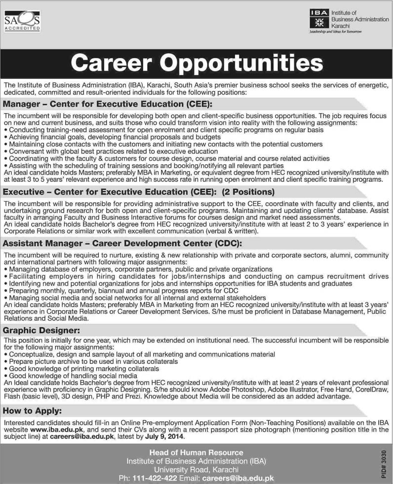 IBA Karachi Jobs 2014 June for Executive Education, Assistant Manager & Graphic Designer