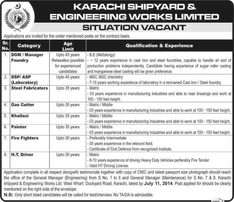 Karachi Shipyard Jobs 2014 June / July KSEW Latest Advertisement