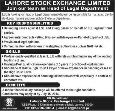 Lahore Stock Exchange Jobs 2014 June / July for Head of Legal Department
