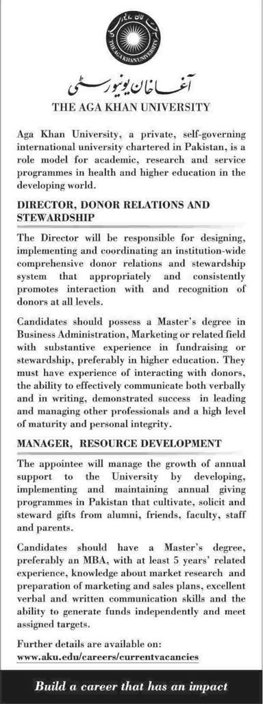 Aga Khan University Karachi Jobs 2014 June / July for Director & Manager Resource Development