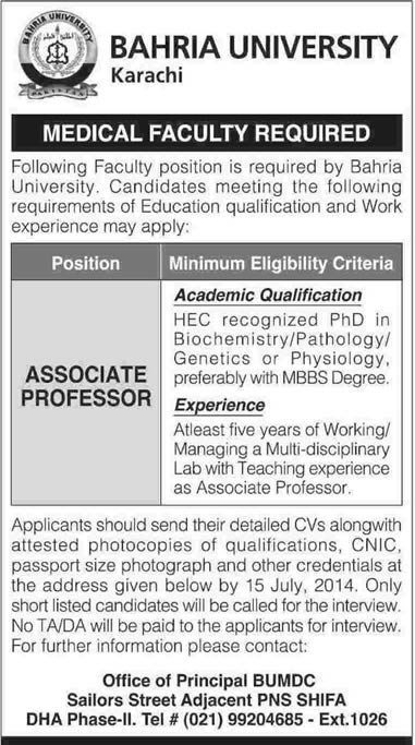 Bahria University Karachi Jobs 2014 June / July for Teaching Faculty / Associate Professors