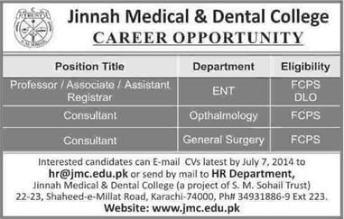 Jinnah Medical and Dental College Jobs in Karachi 2014 June / July for Medical Faculty & Consultants